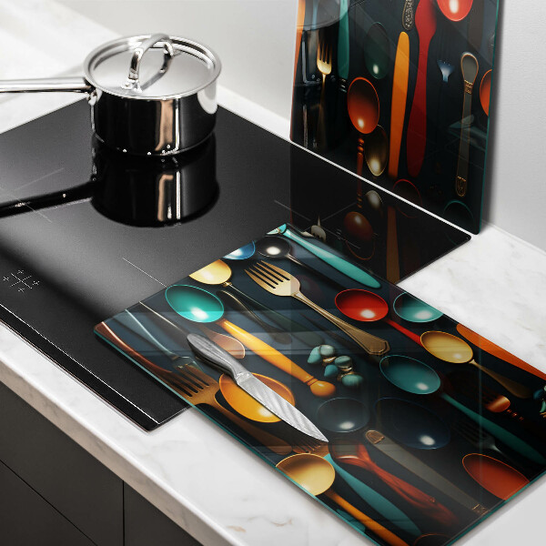 Glas Ceranfeldabdeckung Bunte Löffel und Gabeln