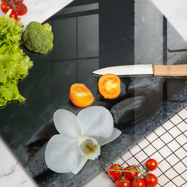 Glas Herdabdeckplatte Zen-Steine mit weißen Blüten