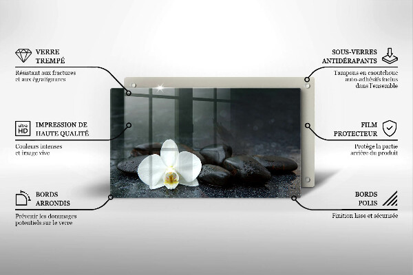 Glas Herdabdeckplatte Zen-Steine mit weißen Blüten