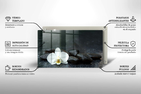 Glas Herdabdeckplatte Zen-Steine mit weißen Blüten