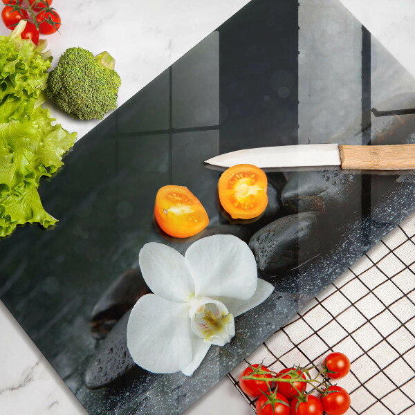 Glas Herdabdeckplatte Zen-Steine mit weißen Blüten