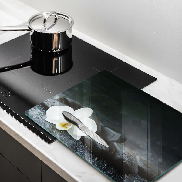 Glas Herdabdeckplatte Zen-Steine mit weißen Blüten