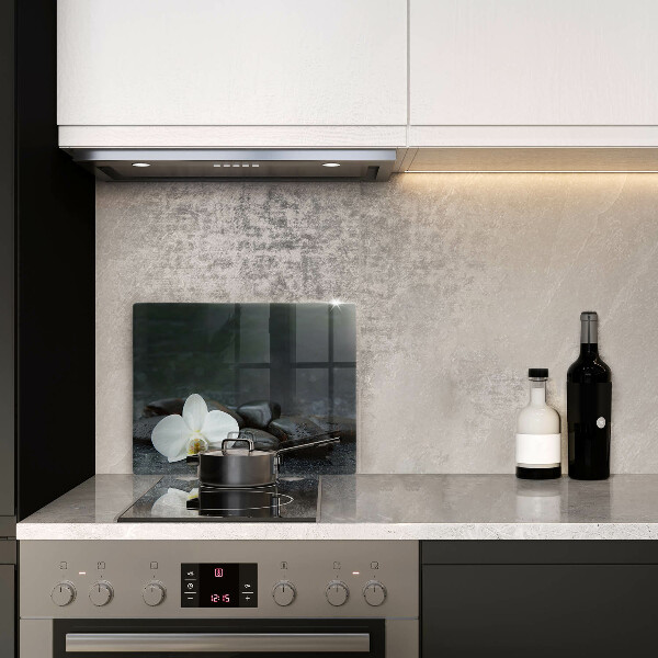 Glas Herdabdeckplatte Zen-Steine mit weißen Blüten