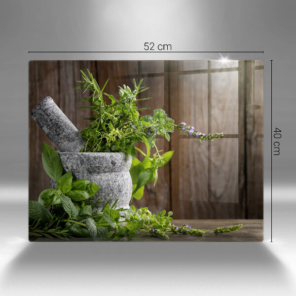 Glas Herdabdeckplatte Pflanzen Kräuter und Holz