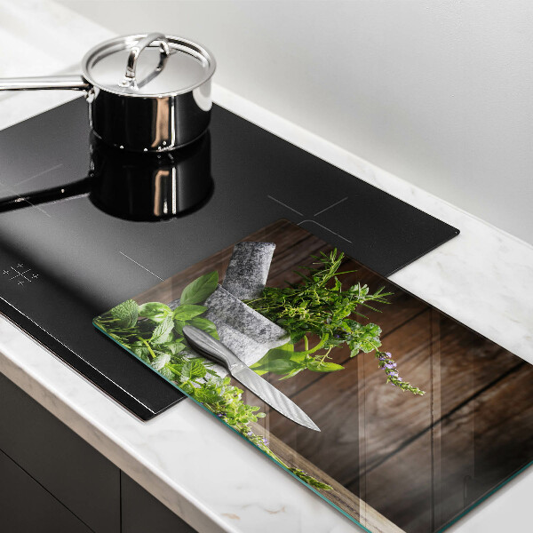 Glas Herdabdeckplatte Pflanzen Kräuter und Holz
