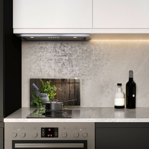 Glas Herdabdeckplatte Pflanzen Kräuter und Holz