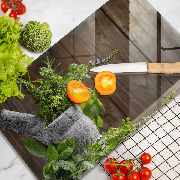 Glas Herdabdeckplatte Pflanzen Kräuter und Holz