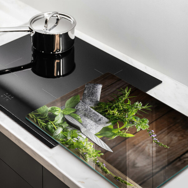Glas Herdabdeckplatte Pflanzen Kräuter und Holz