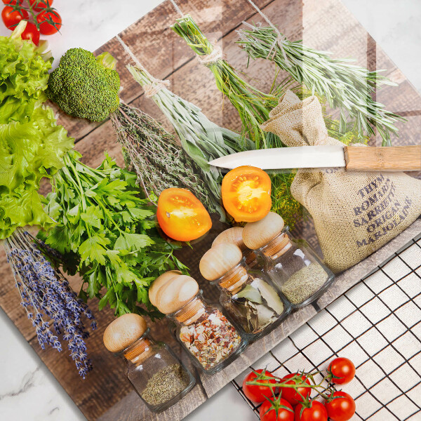 Glas Herdabdeckplatte Kräuter Gewürze und Holz