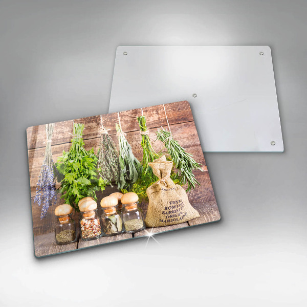 Glas Herdabdeckplatte Kräuter Gewürze und Holz