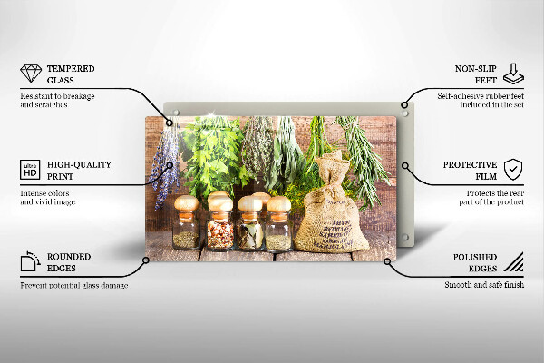 Glas Herdabdeckplatte Kräuter Gewürze und Holz