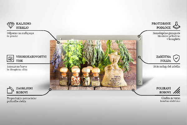 Glas Herdabdeckplatte Kräuter Gewürze und Holz