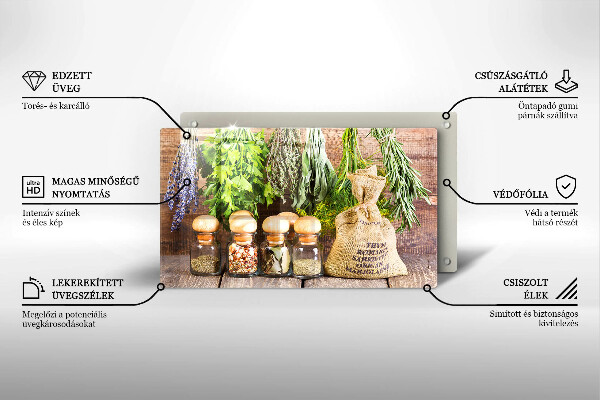 Glas Herdabdeckplatte Kräuter Gewürze und Holz