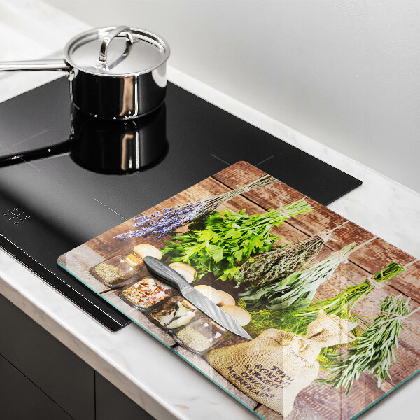 Glas Herdabdeckplatte Kräuter Gewürze und Holz