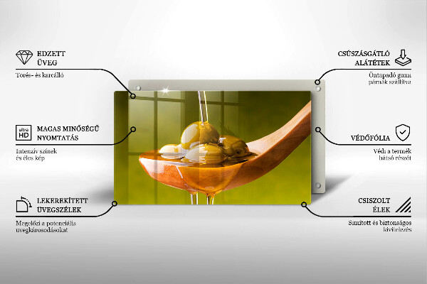 Glas Herdabdeckplatte Olivenöl und Oliven