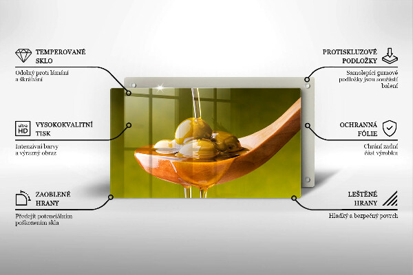 Glas Herdabdeckplatte Olivenöl und Oliven