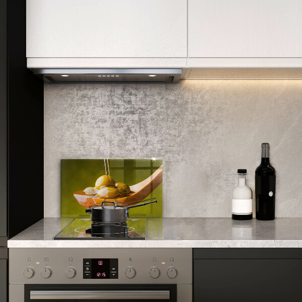 Glas Herdabdeckplatte Olivenöl und Oliven