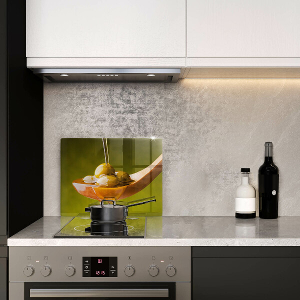 Glas Herdabdeckplatte Olivenöl und Oliven