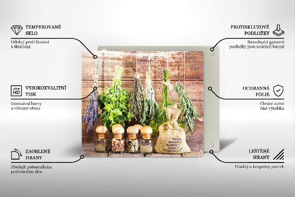 Glas Herdabdeckplatte Kräuter Gewürze und Holz