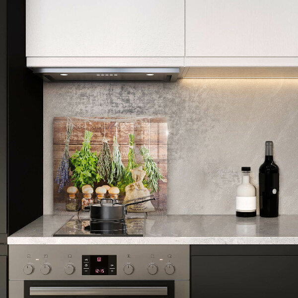 Glas Herdabdeckplatte Kräuter Gewürze und Holz