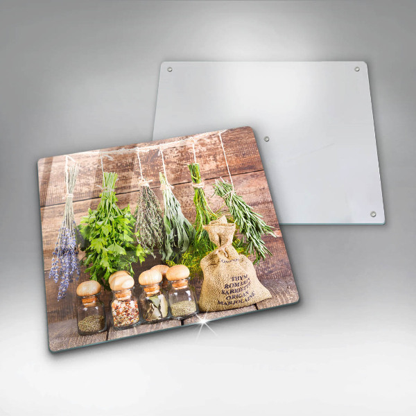 Glas Herdabdeckplatte Kräuter Gewürze und Holz