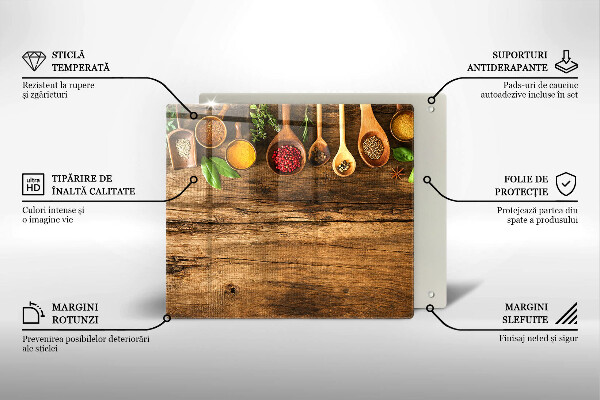 Glas Herdabdeckplatte Holzlöffel mit Gewürzen