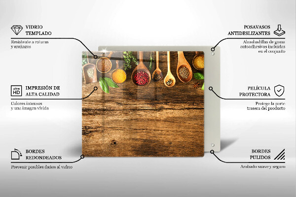 Glas Herdabdeckplatte Holzlöffel mit Gewürzen