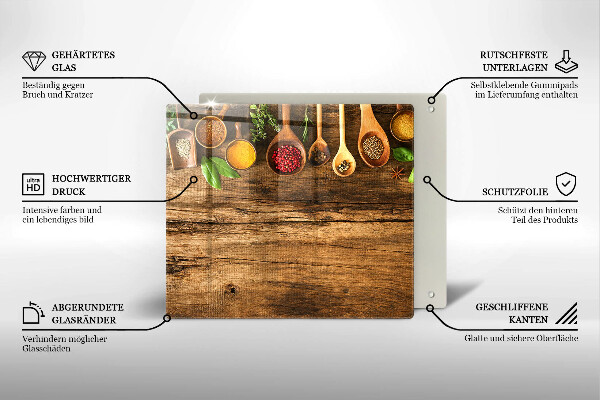 Glas Herdabdeckplatte Holzlöffel mit Gewürzen