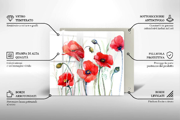 Glas Herdabdeckplatte Rote Mohnblumen