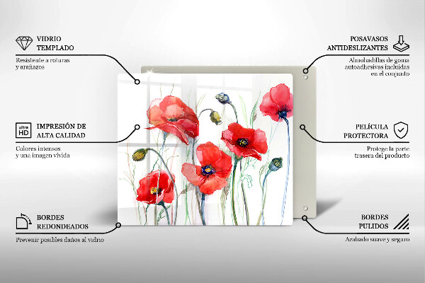 Glas Herdabdeckplatte Rote Mohnblumen
