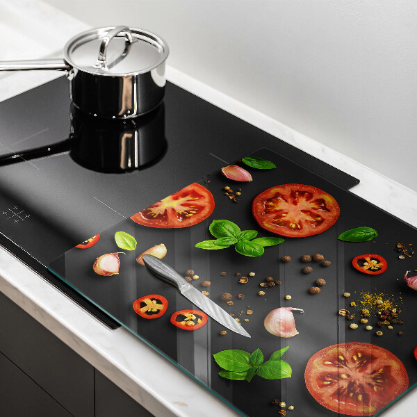 Glas Herdabdeckplatte Tomaten und Gewürze