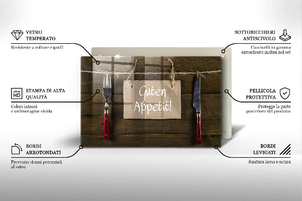 Glas Herdabdeckplatte Guten Appetit-Inschrift auf Holzbrettern