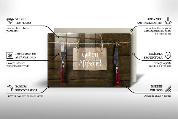 Glas Herdabdeckplatte Guten Appetit-Inschrift auf Holzbrettern