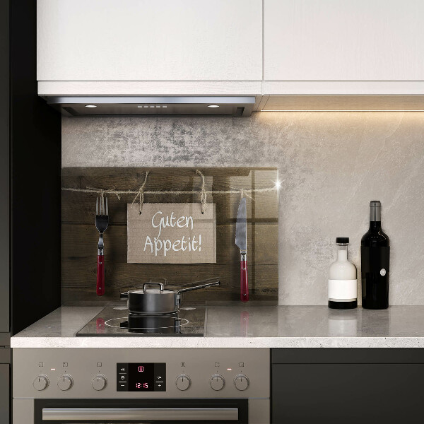 Glas Herdabdeckplatte Guten Appetit-Inschrift auf Holzbrettern