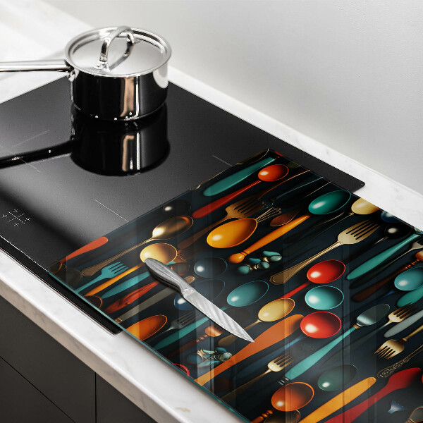 Glas Ceranfeldabdeckung Bunte Löffel und Gabeln