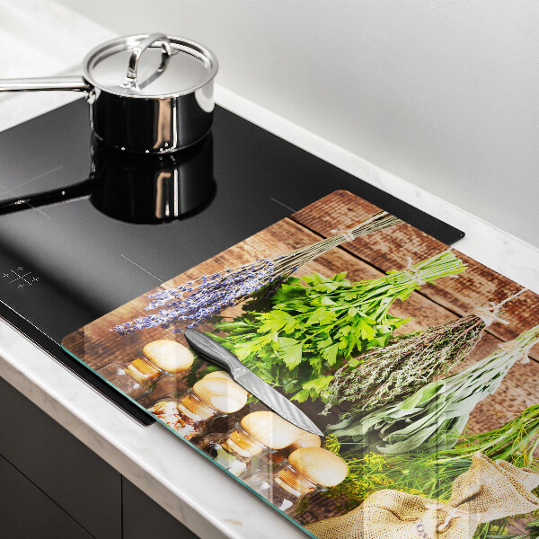 Glas Herdabdeckplatte Kräuter Gewürze und Holz