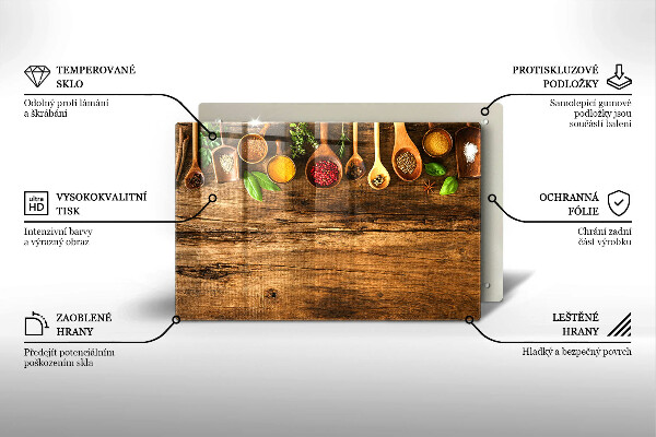 Glas Herdabdeckplatte Holzlöffel mit Gewürzen