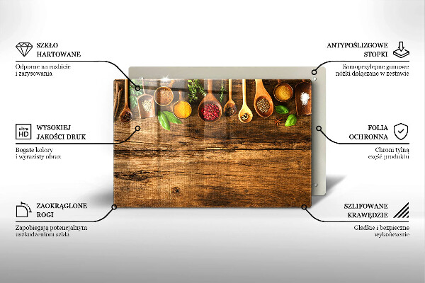 Glas Herdabdeckplatte Holzlöffel mit Gewürzen