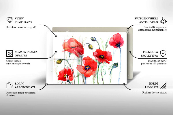 Glas Herdabdeckplatte Rote Mohnblumen