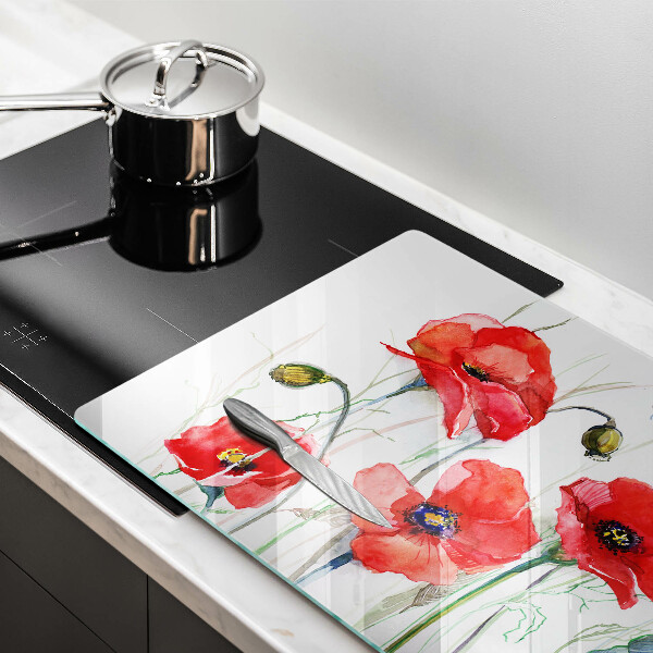 Glas Herdabdeckplatte Rote Mohnblumen