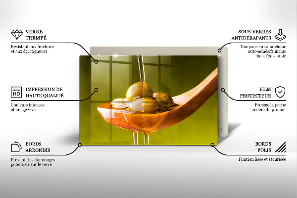 Glas Herdabdeckplatte Olivenöl und Oliven