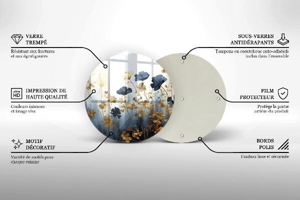 Glas Herdabdeckplatte Blaue und goldene Blumen