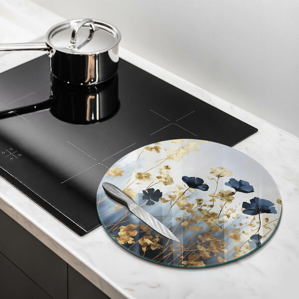 Glas Herdabdeckplatte Blaue und goldene Blumen