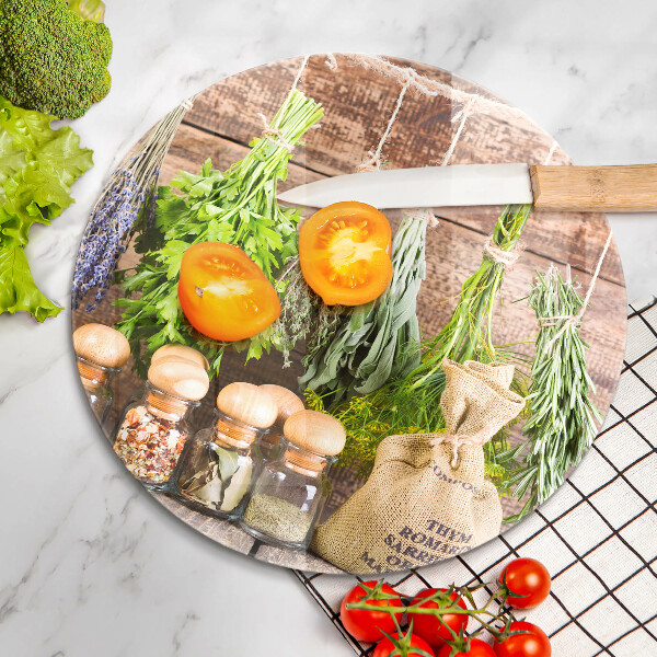 Glas Herdabdeckplatte Kräuter Gewürze und Holz