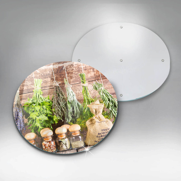 Glas Herdabdeckplatte Kräuter Gewürze und Holz
