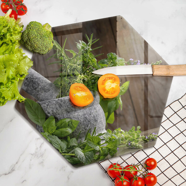 Glas Herdabdeckplatte Pflanzen Kräuter und Holz