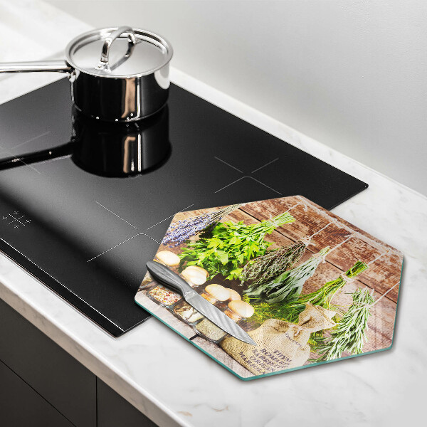 Glas Herdabdeckplatte Kräuter Gewürze und Holz