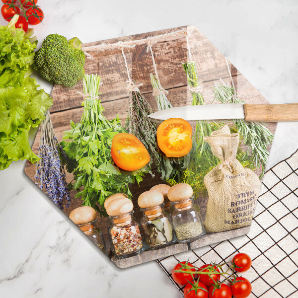 Glas Herdabdeckplatte Kräuter Gewürze und Holz