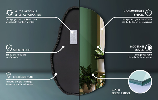 Unregelmäßiger spiegel mit led einzigartig 100x65 cm