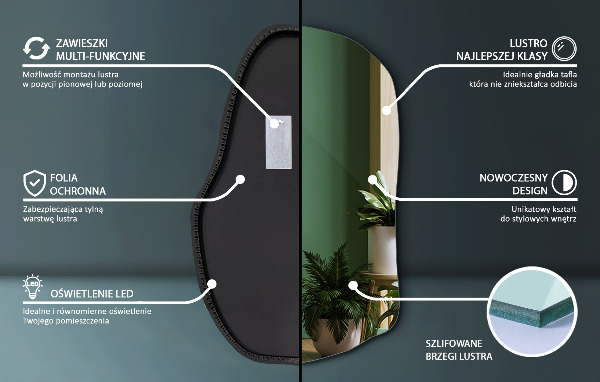 Asymmetrischer spiegel beleuchtet einzigartig 70x46 cm